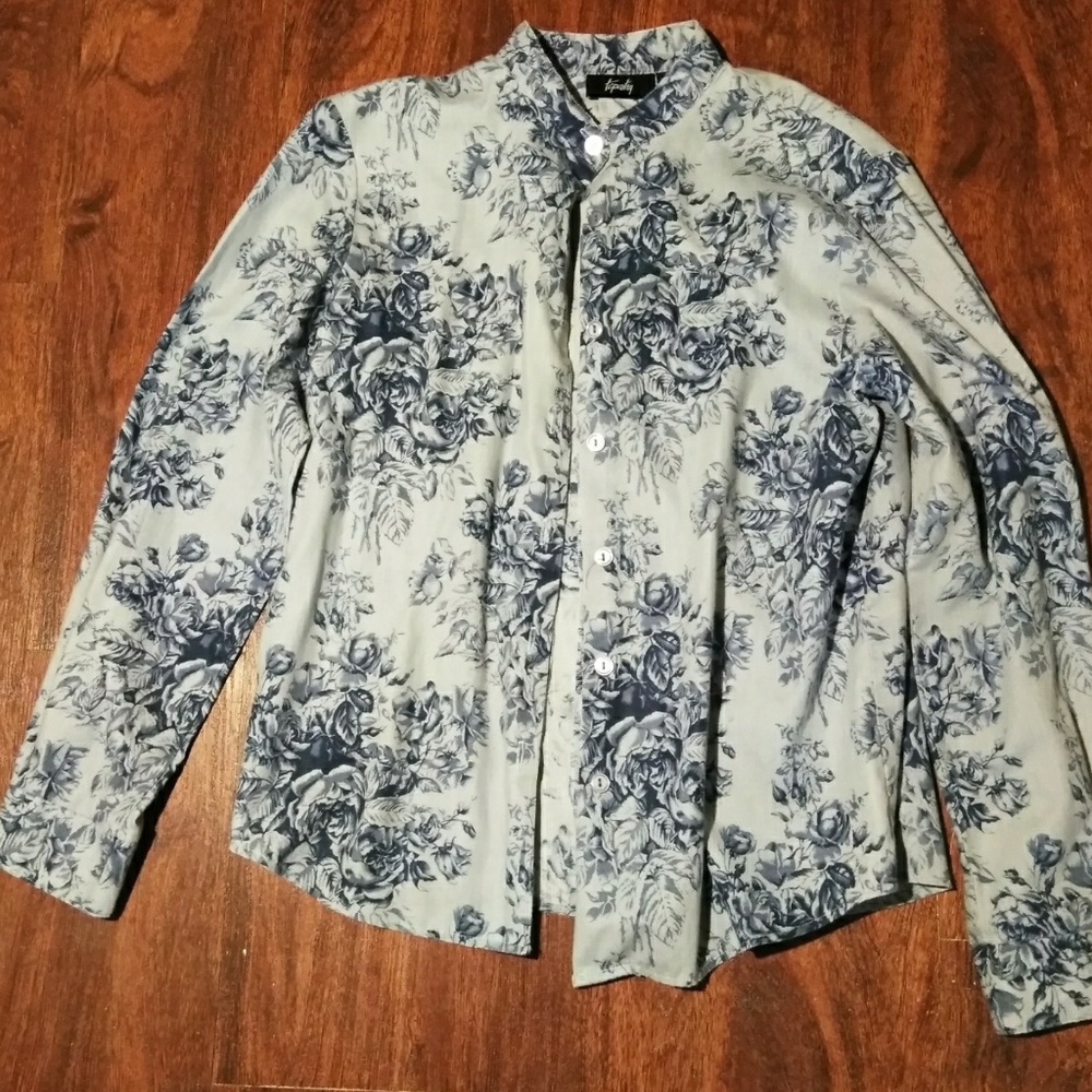 Blue floral spring long sleeve shirt button front